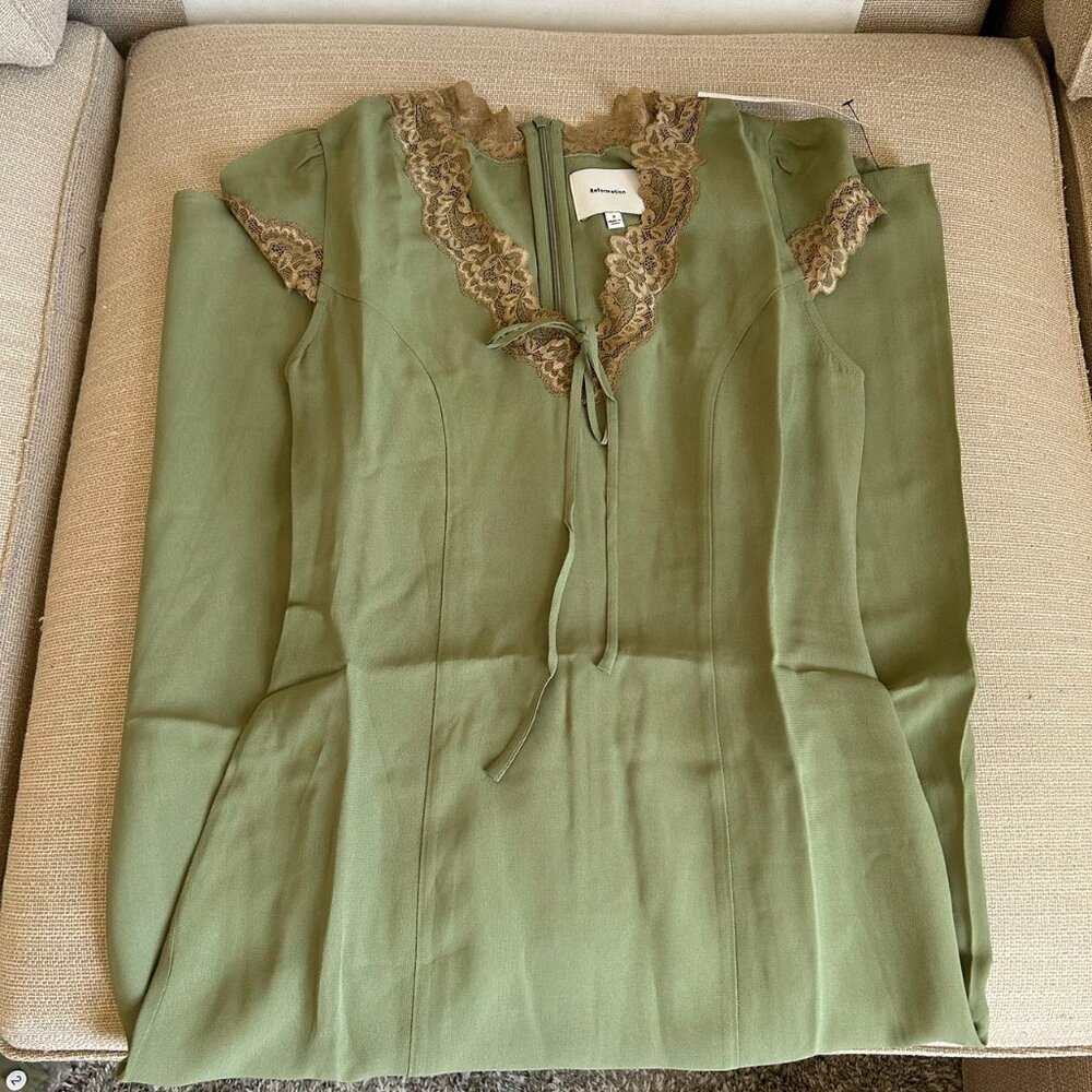 NWT Reformation Tiffie Midi Dress Sz2 Artichoke Green Gold Lace - Picture 5 of 11